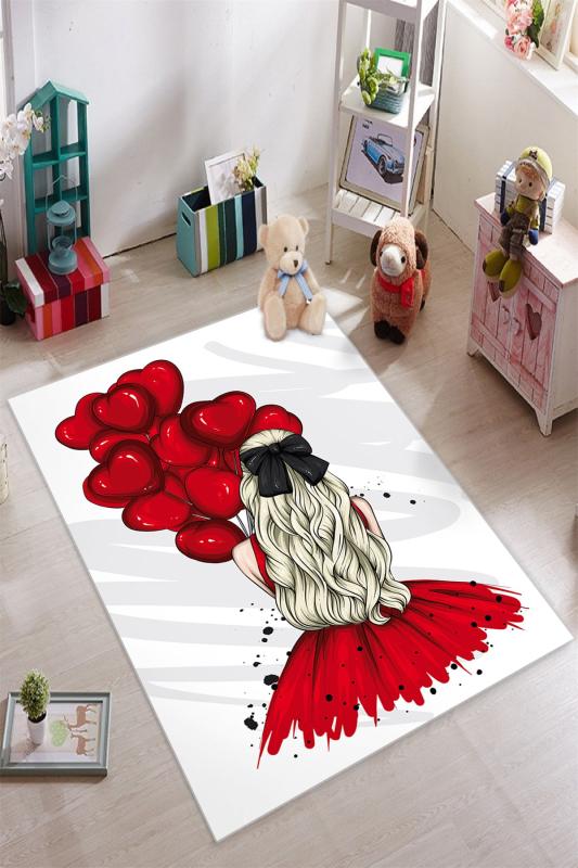 Kırmızı Balonlu Kız Desenli Çocuk Odası Halısı ( 10 mm Kalınlık )