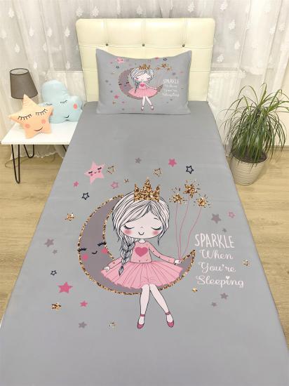 Gri Ay üstündeki Prenses Desenli Yatak Örtüsü ve Yastık