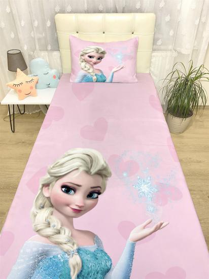 Pembe Elsa Desenli Yatak Örtüsü ve Yastık