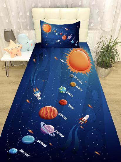 Güneş Sistemi Desenli Yatak Örtüsü ve Yastık
