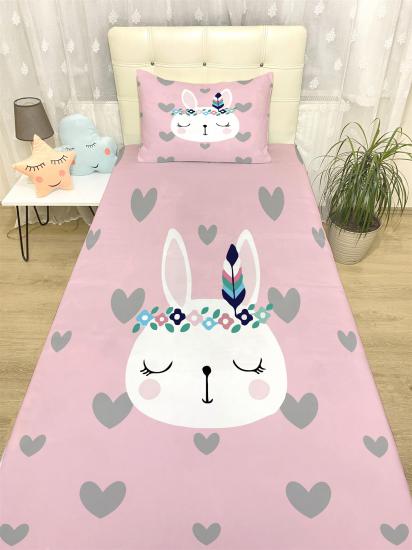 Pembe Kalpler Tavşan Desenli Yatak Örtüsü ve Yastık