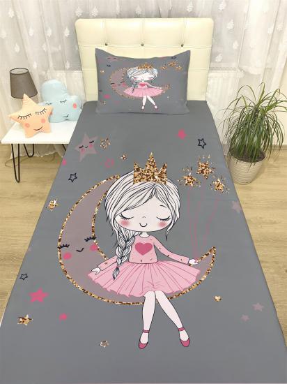Gri Ay üstündeki Prenses Desenli Yatak Örtüsü ve Yastık