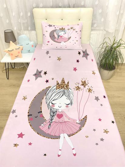 Pembe Ay Üstündeki Prenses Desenli Yatak Örtüsü ve Yastık