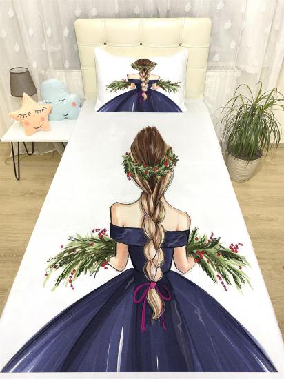 Lacivert Çiçekli Kız Desenli Yatak Örtüsü ve Yastık